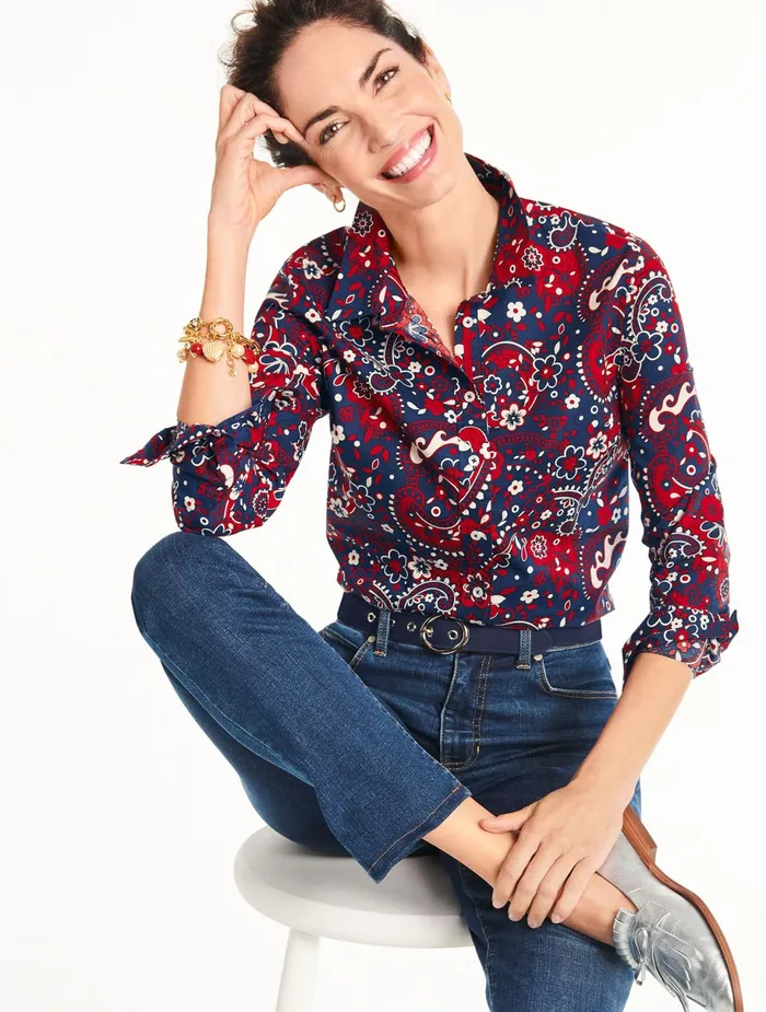Women Shirts Talbots Classic Cotton Shirt India Ink Multi