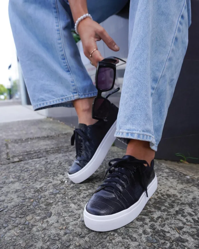 Women Shoes Belle and Bloom Just A Dream Croc Leather Sneaker 8211 Black