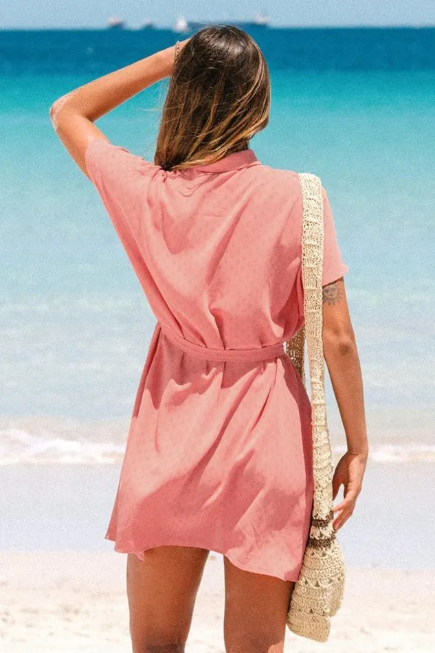 Women Short Dresses Cupshe Austyn Belted Button Front Shirt Dress Pink
