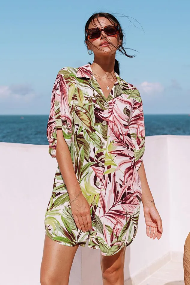 Women Short Dresses Cupshe Brionna Tropical Buttonup Shirt Dress Multicolor