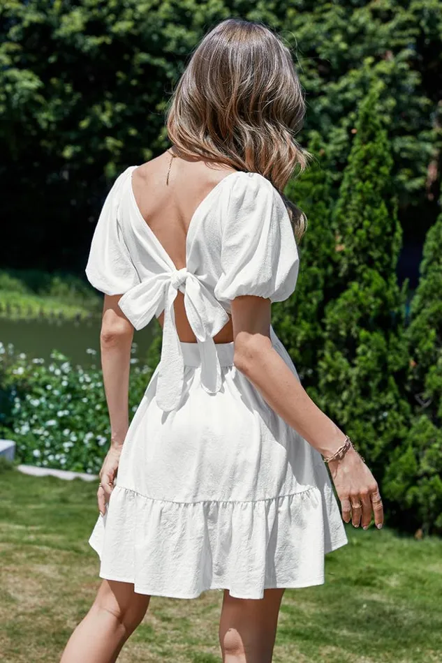 Women Short Dresses Cupshe DabriaSquare Neck Bubble Sleeve AShape Dress White