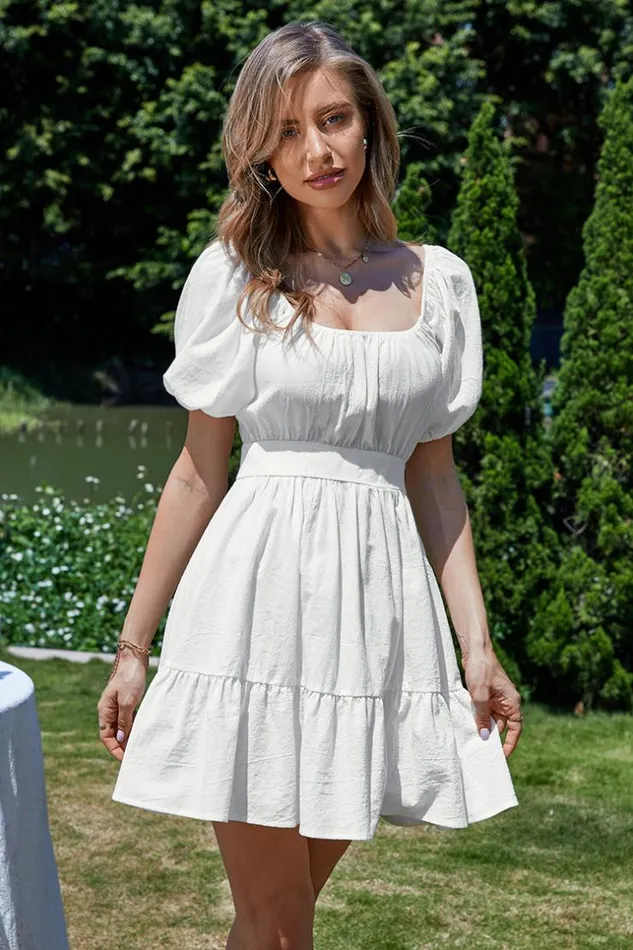 Women Short Dresses Cupshe DabriaSquare Neck Bubble Sleeve AShape Dress White