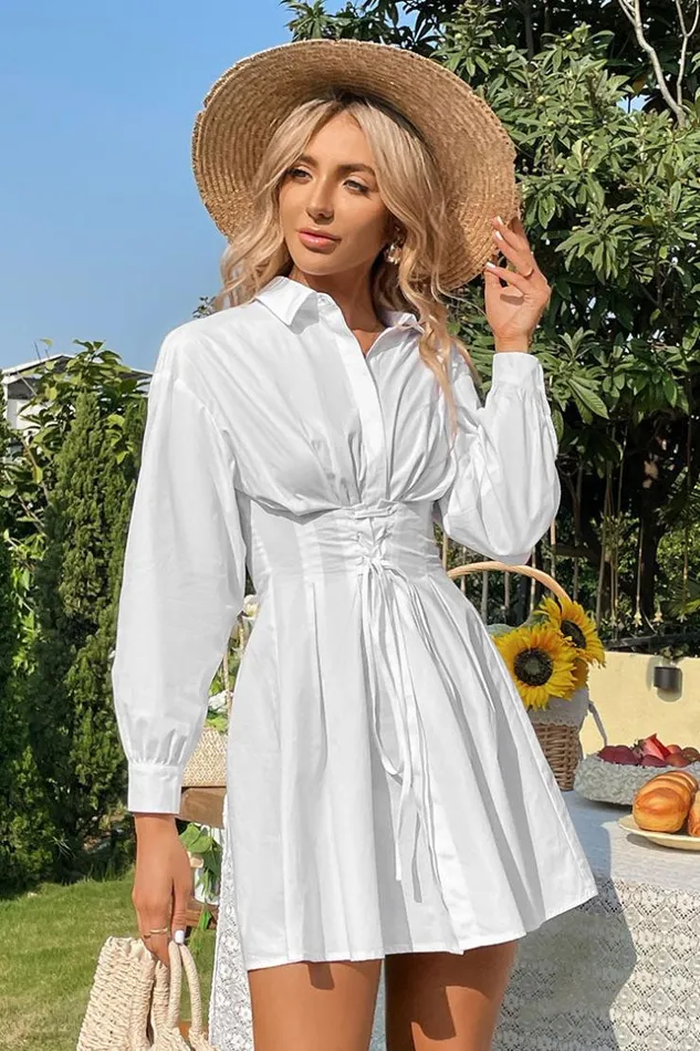Women Short Dresses Cupshe Giulia Shirt Collar Lace Up AShape Dress White