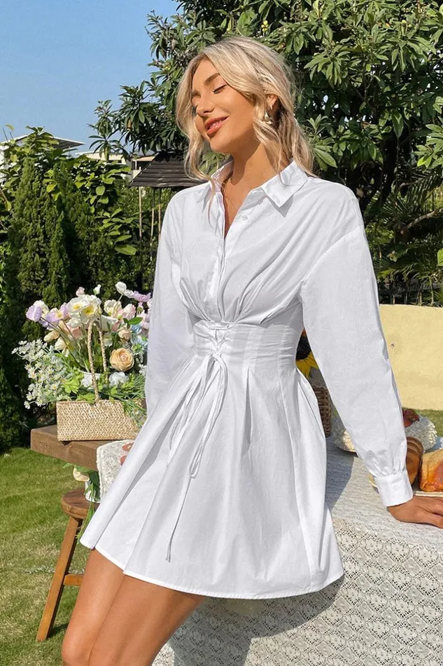 Women Short Dresses Cupshe Giulia Shirt Collar Lace Up AShape Dress White