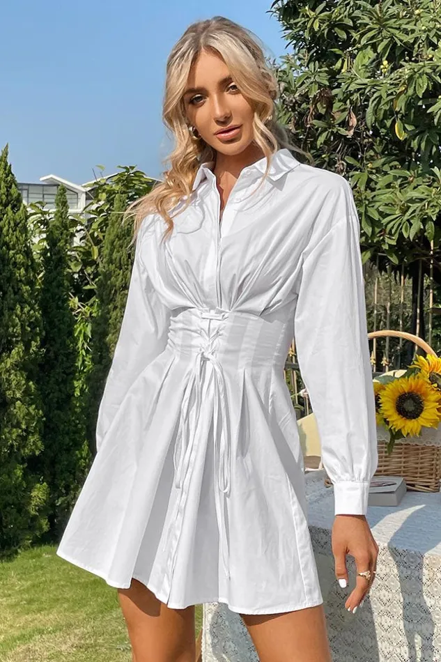 Women Short Dresses Cupshe Giulia Shirt Collar Lace Up AShape Dress White