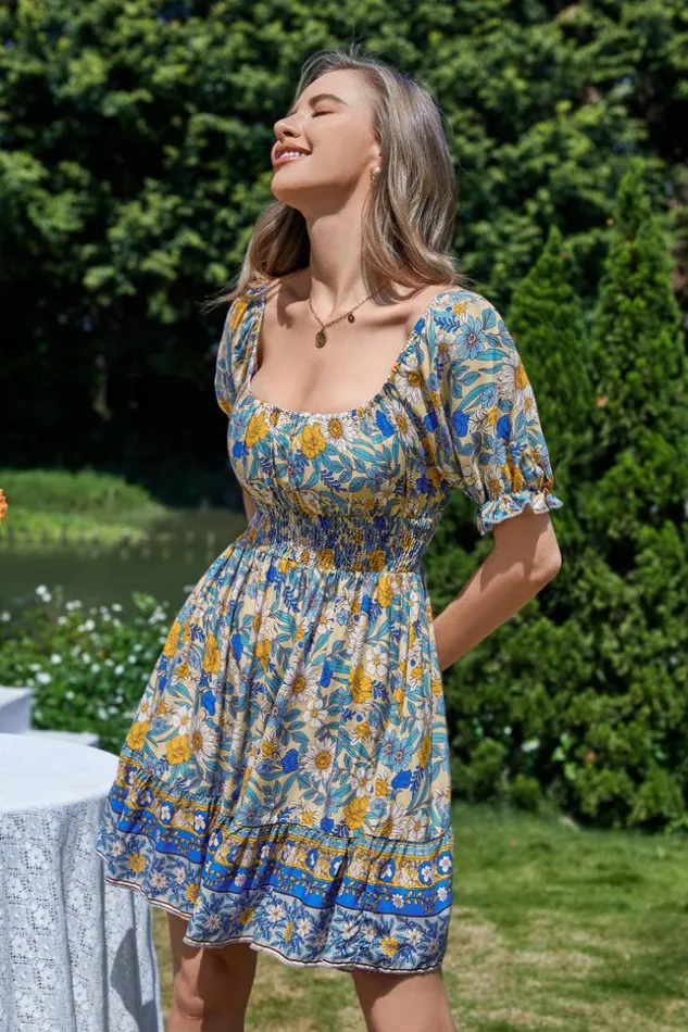 Women Short Dresses Cupshe Gussie Square Neck Puff Sleeve Sheath Dress Multicolor
