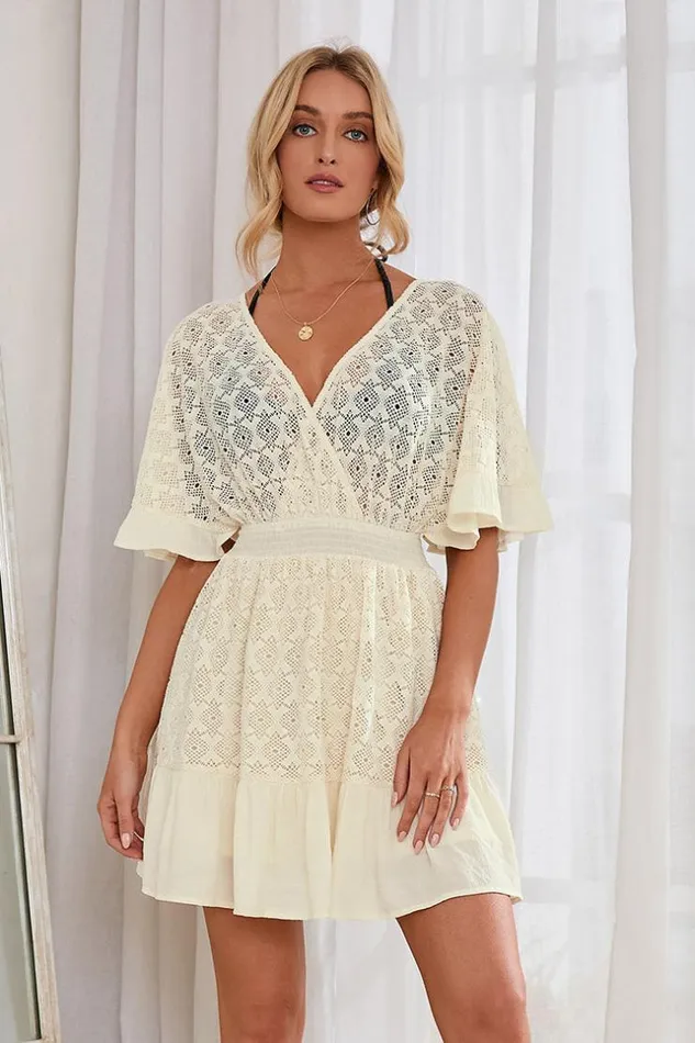 Women Short Dresses Cupshe Ivory Coast Plunge Bell Sleeve Ruffle Dress White