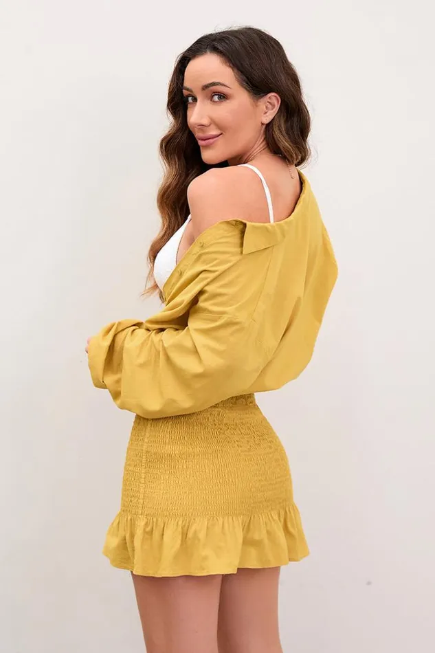 Women Short Dresses Cupshe Ivory Coast Shirt Collar Smocking Short Bodycon Dress Yellow