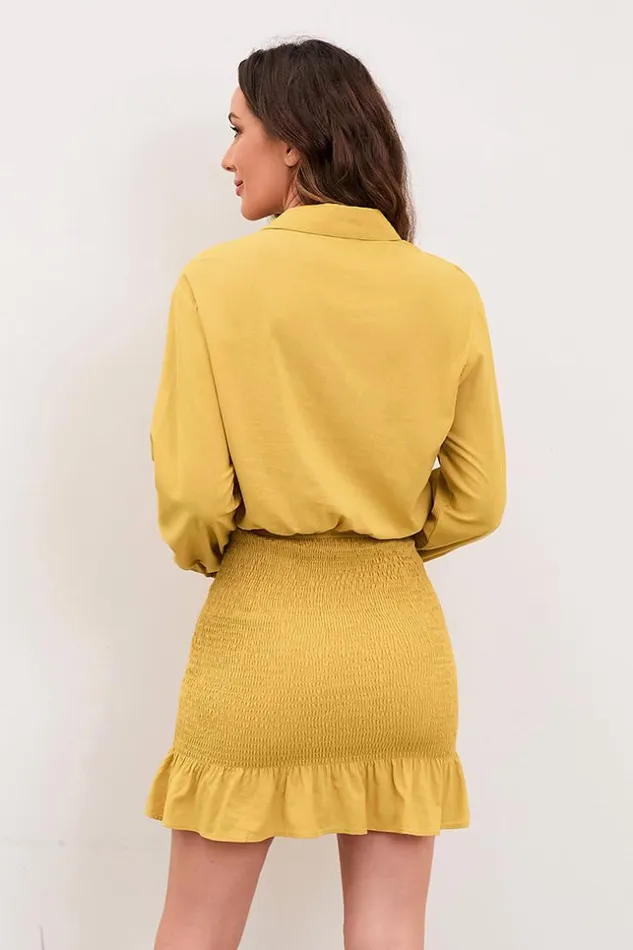 Women Short Dresses Cupshe Ivory Coast Shirt Collar Smocking Short Bodycon Dress Yellow