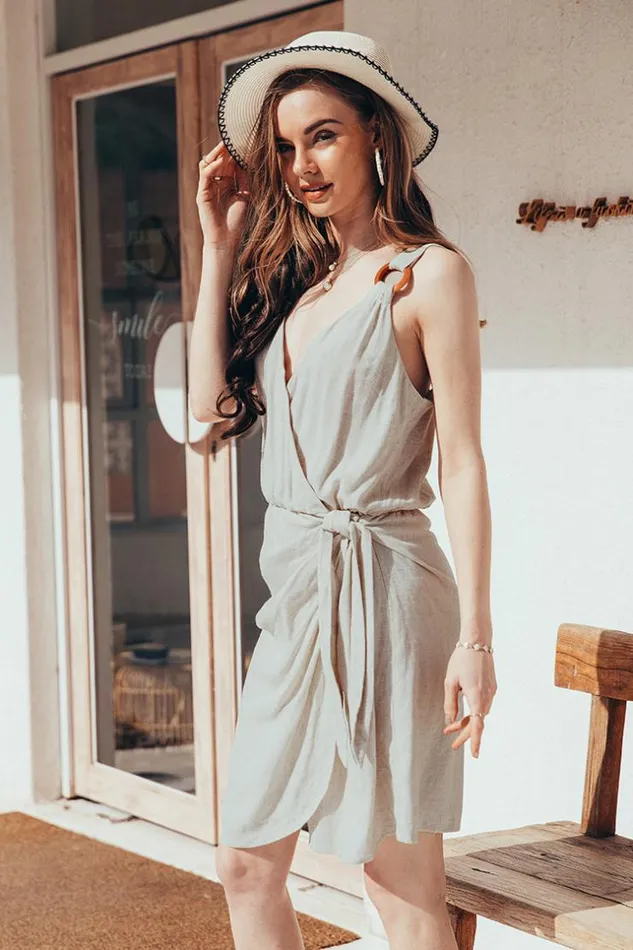 Women Short Dresses Cupshe Jeanette Oring Wrap Tie Waist Dress Beige
