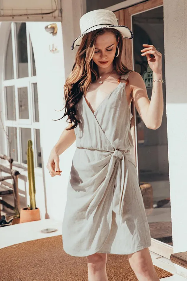 Women Short Dresses Cupshe Jeanette Oring Wrap Tie Waist Dress Beige