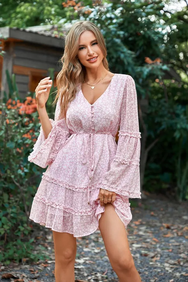 Women Short Dresses Cupshe Varadero Pink Vneck Bell Sleeve Dress Pink