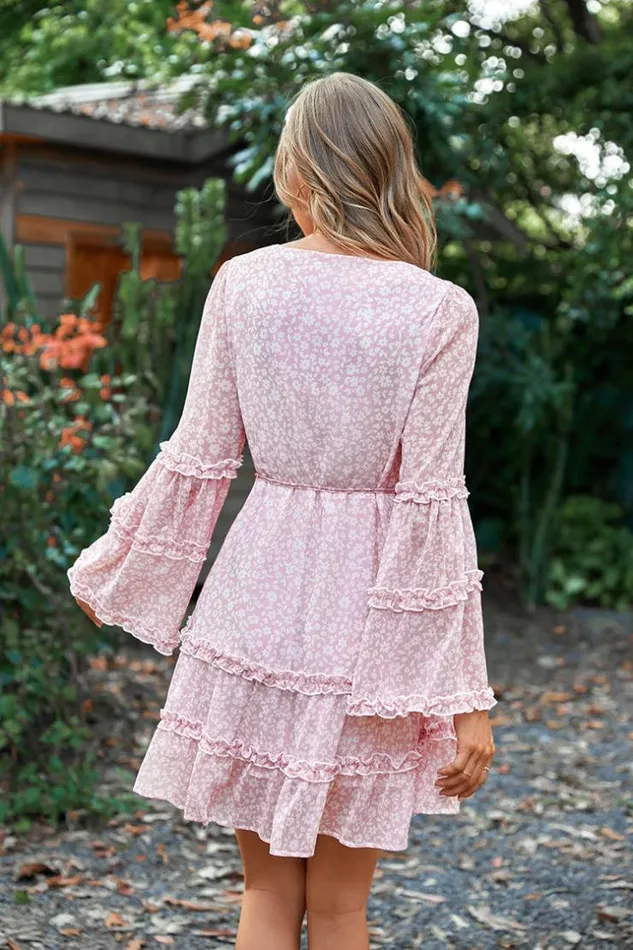 Women Short Dresses Cupshe Varadero Pink Vneck Bell Sleeve Dress Pink