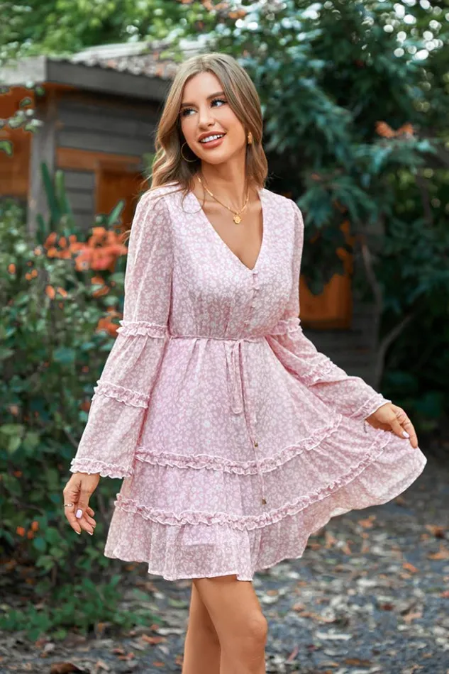 Women Short Dresses Cupshe Varadero Pink Vneck Bell Sleeve Dress Pink