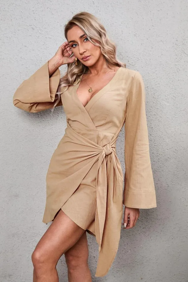 Women Short Dresses Cupshe Vera Bell Sleeve Bodycon Dress Khaki