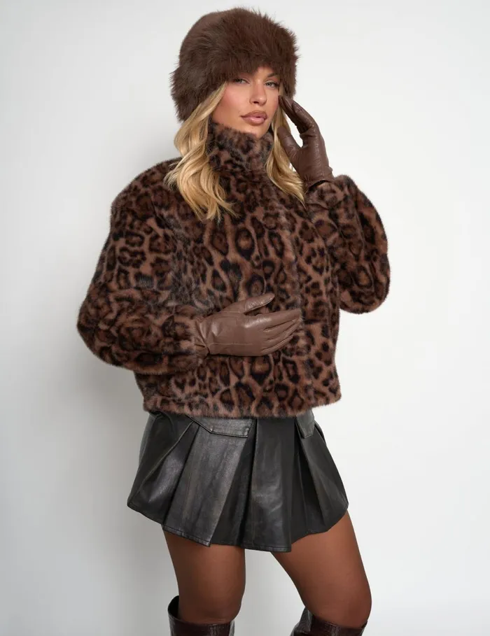 Women Short Faux Fur Jacket Leopard Print Leopard Public Desire Outerwear and Jackets