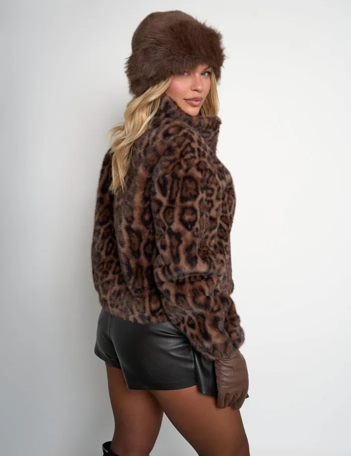 Women Short Faux Fur Jacket Leopard Print Leopard Public Desire Outerwear and Jackets