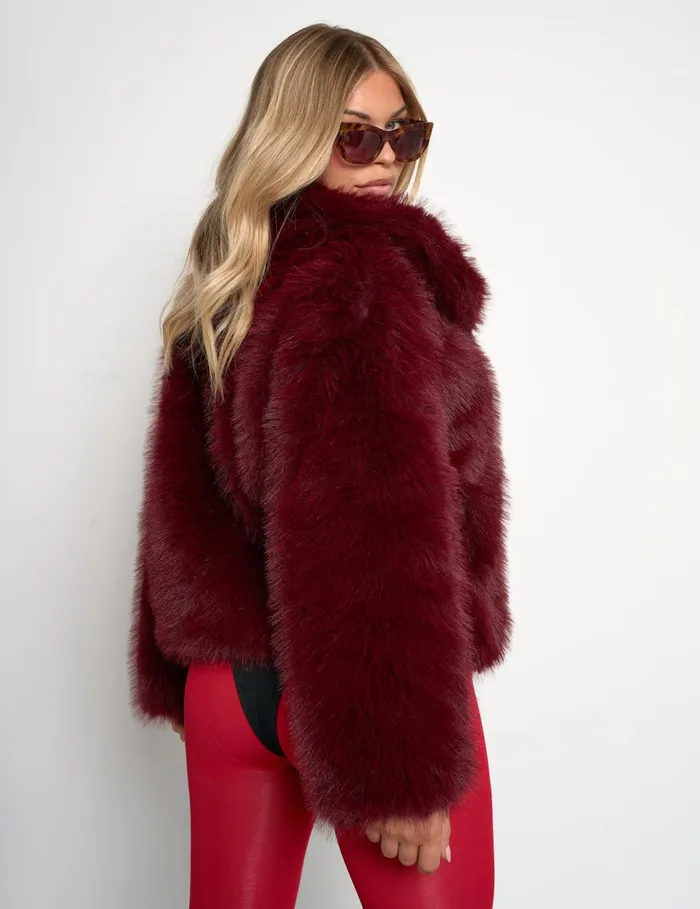 Women Short Fur Jacket Burgundy Burgundy Public Desire Outerwear and Jackets
