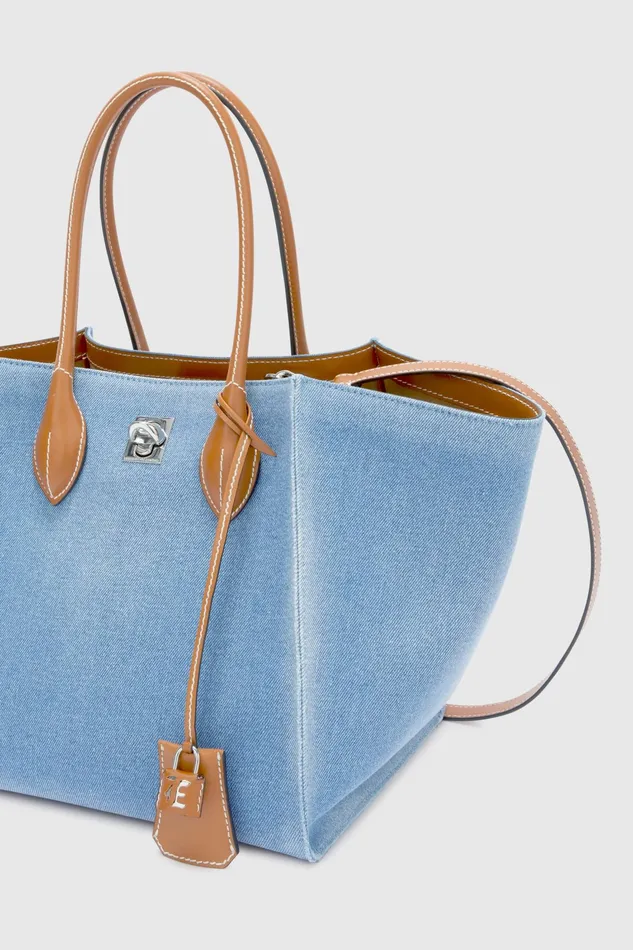 Women Shoulder Bags Ermanno Scervino Designer Denim Maggie Hand Bag With Brown Handle 8211 Ermanno Scervino Blue Denim