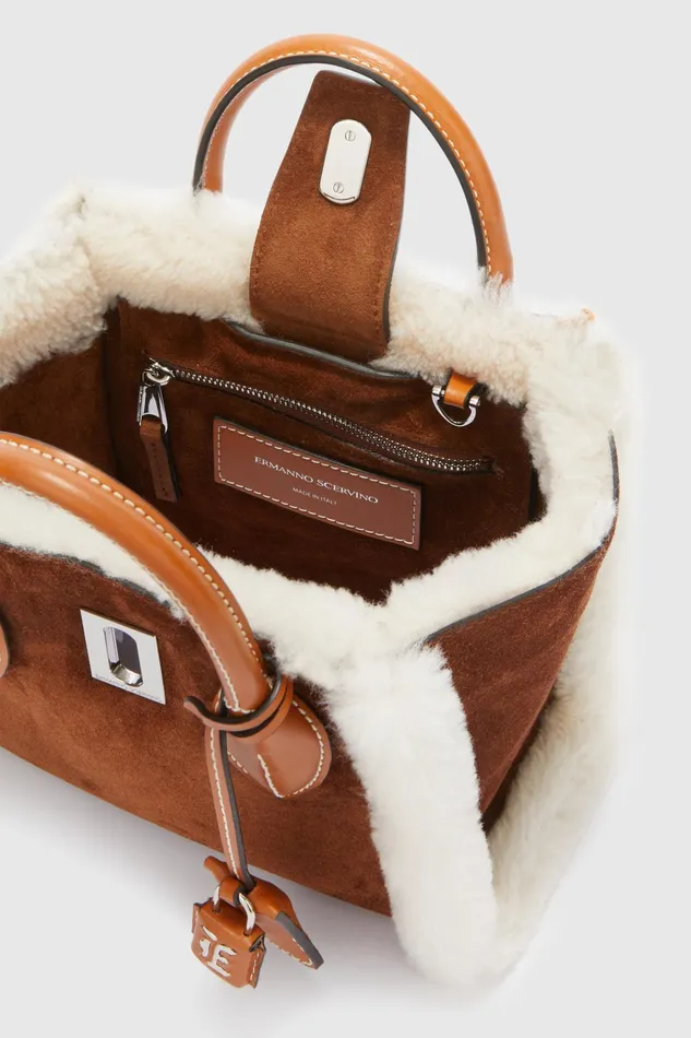Women Shoulder Bags Ermanno Scervino Designer Mini Maggie In Shearling 8211 Ermanno Scervino Brown