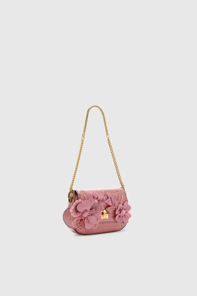 Women Shoulder Bags Ermanno Scervino Mini Audrey With Handmade Leather Flowers Pink