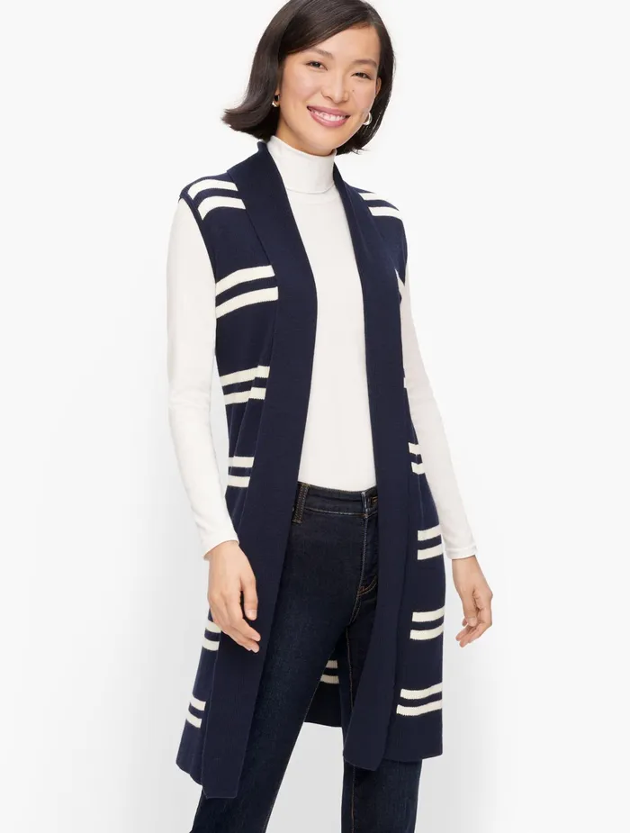 Women Shrugs and Vests Talbots Ribbed Stitch Stripe Vest Indigo Blue Multi