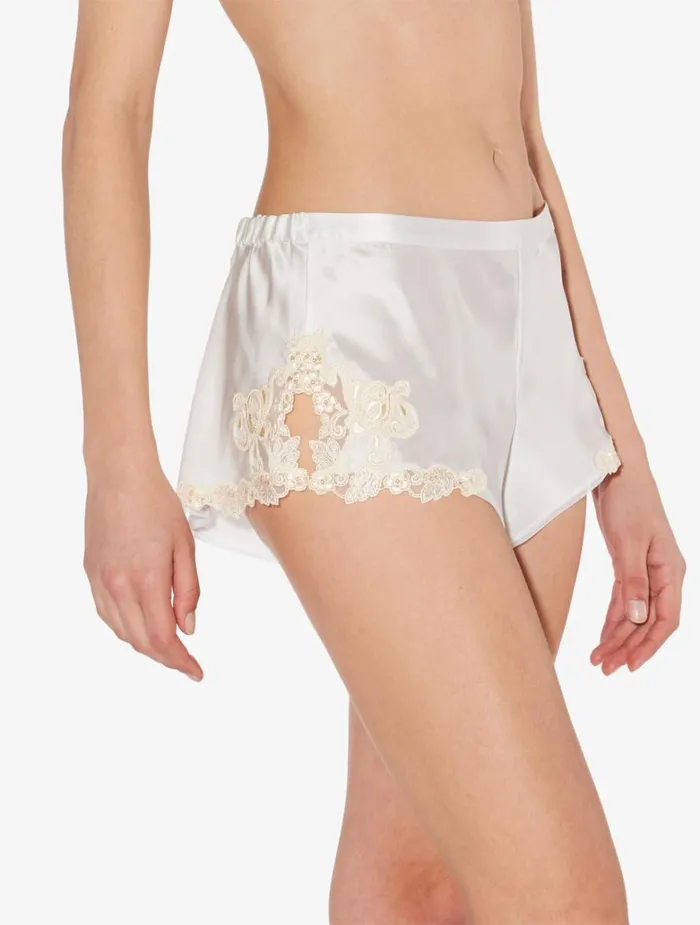 Women Silk Sleepwear La Perla White Silk Satin Sleep Shorts With Frastaglio