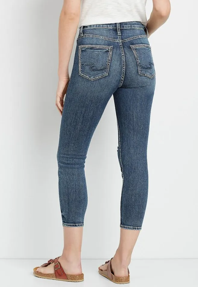 Women Silver Jeans Co Avery High Rise Dark Destructed Cropped Jean Maurices Bottoms