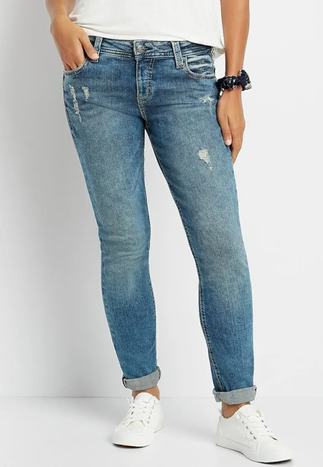 Women Silver Jeans Co Medium Wash Destructed Girlfriend Jean Maurices Jeans