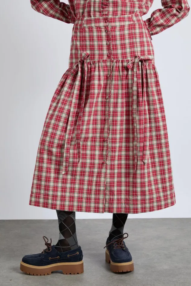 Women Skirts Damson Madder Bronte Button Through Midi Skirt 8211 Red Check