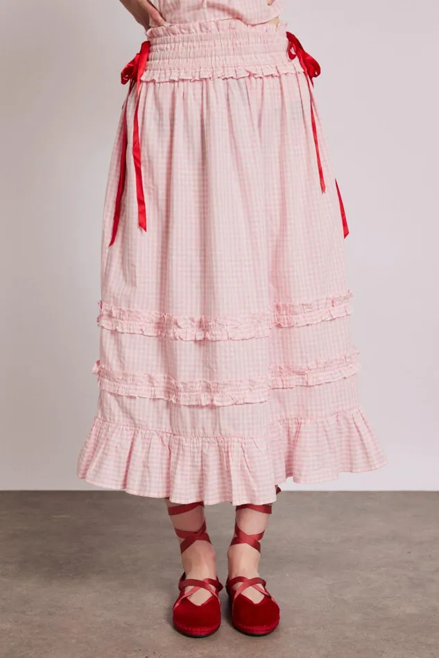 Women Skirts Damson Madder Olivia Ruffle Skirt 8211 Pink Gingham