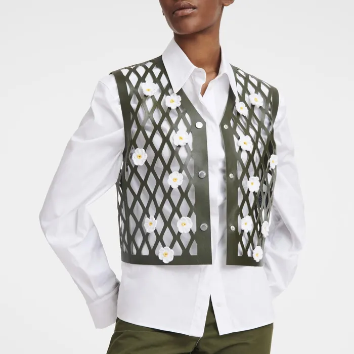 Women Sleeveless Cardigan Khaki Longchamp Coats and Jackets