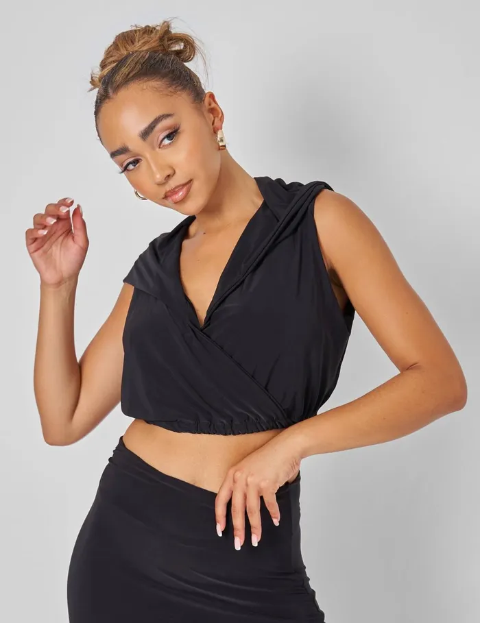 Women Sleeveless Wrap Front Top With Hood Black Black Public Desire Tops