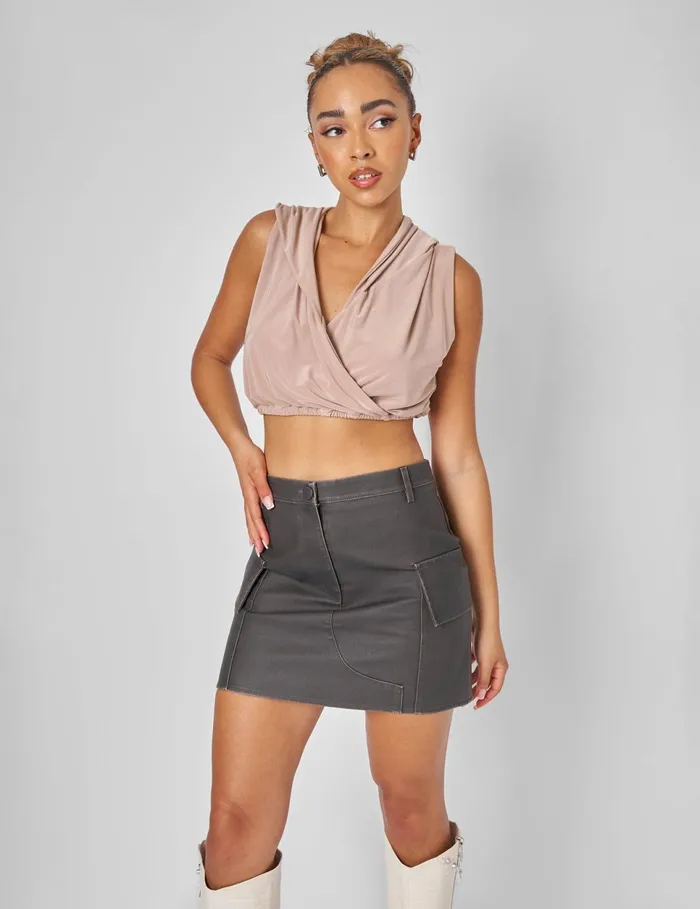 Women Sleeveless Wrap Front Top With Hood Stone Neutral Public Desire Tops