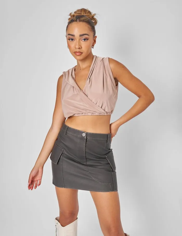 Women Sleeveless Wrap Front Top With Hood Stone Neutral Public Desire Tops