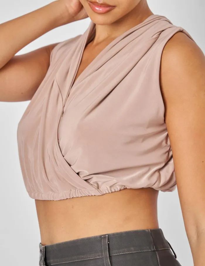 Women Sleeveless Wrap Front Top With Hood Stone Neutral Public Desire Tops