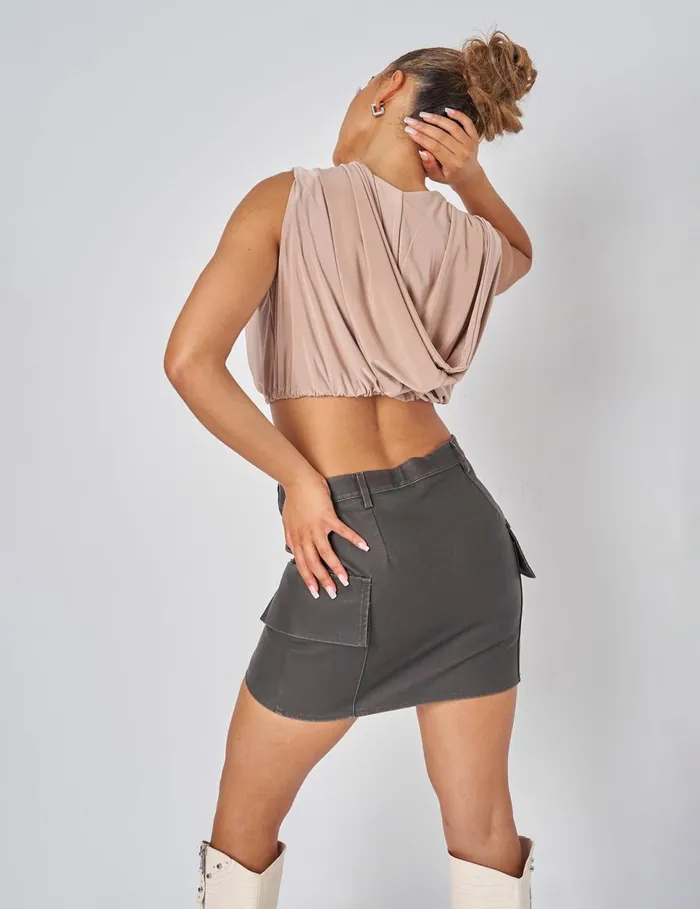 Women Sleeveless Wrap Front Top With Hood Stone Neutral Public Desire Tops