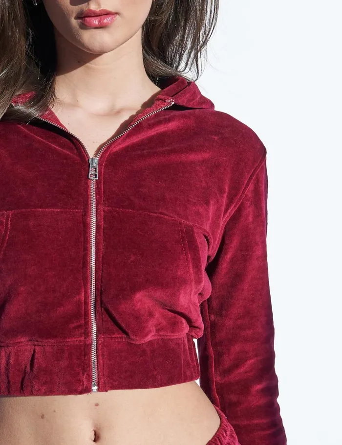 Women Slim Fit Velour Zip Through Cropped Hoodie Cherry Red Red Public Desire Sweatshirt and Hoodies