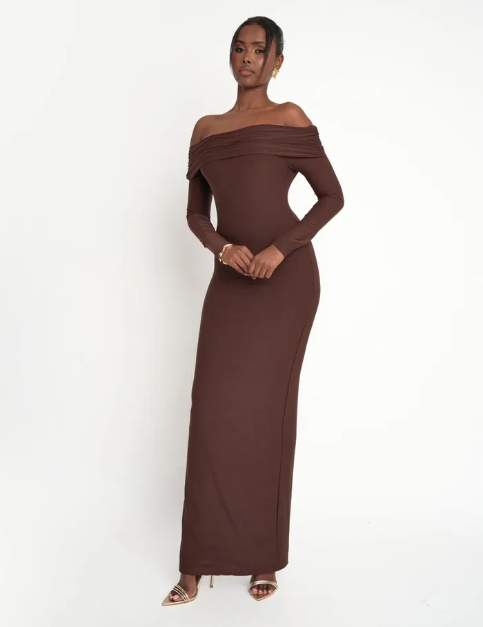 Women Slinky Bardot Maxi Dress Brown Brown Public Desire Dresses