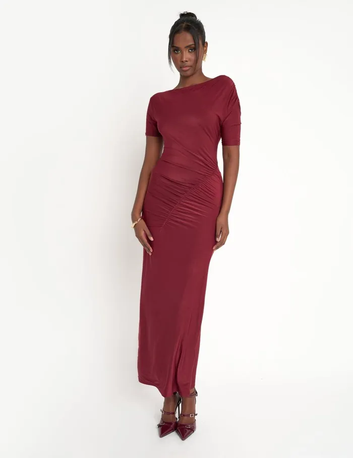 Women Slinky Ruched Detail Maxi Dress Burgundy Burgundy Public Desire Dresses
