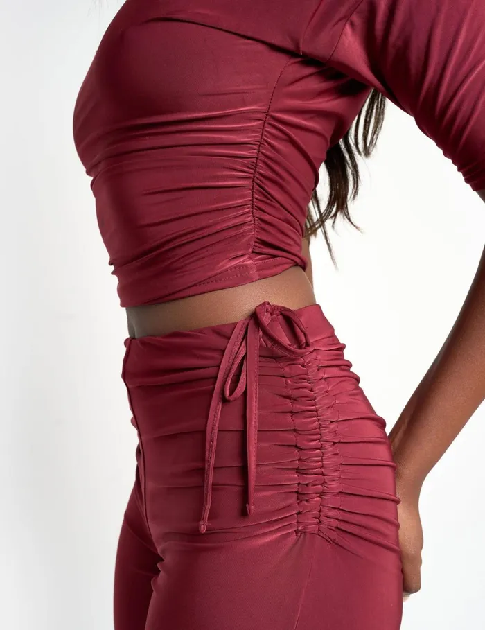 Women Slinky Ruched Short Sleeve Top Co Ord Burgundy Burgundy Public Desire Tailoring