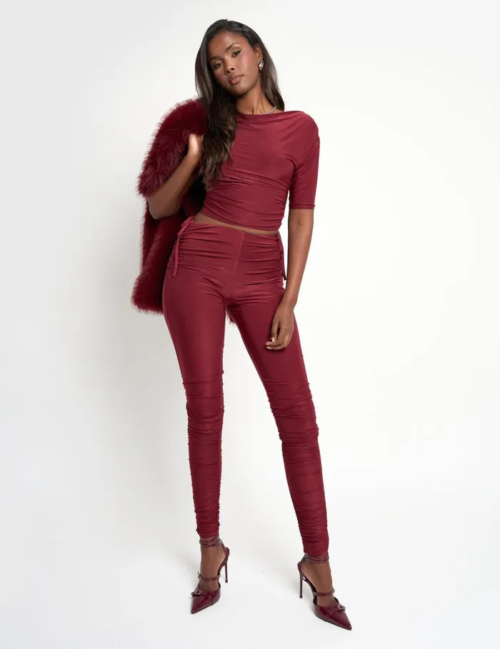 Women Slinky Ruched Short Sleeve Top Co Ord Burgundy Burgundy Public Desire Tailoring