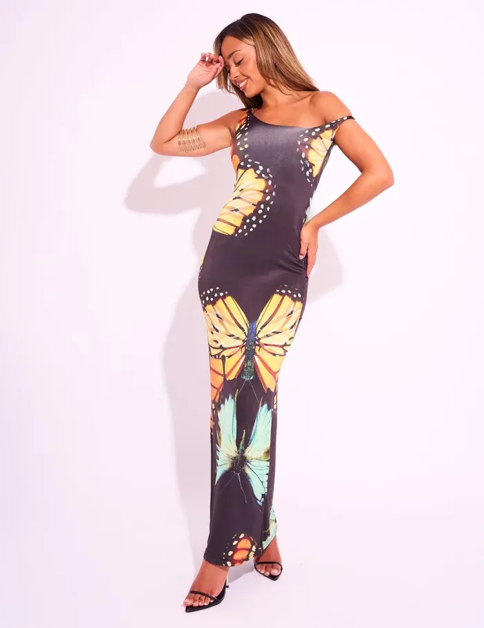 Women Slinky Twist Off Shoulder Butterfly Print Maxi Dress Black Black Public Desire Dresses