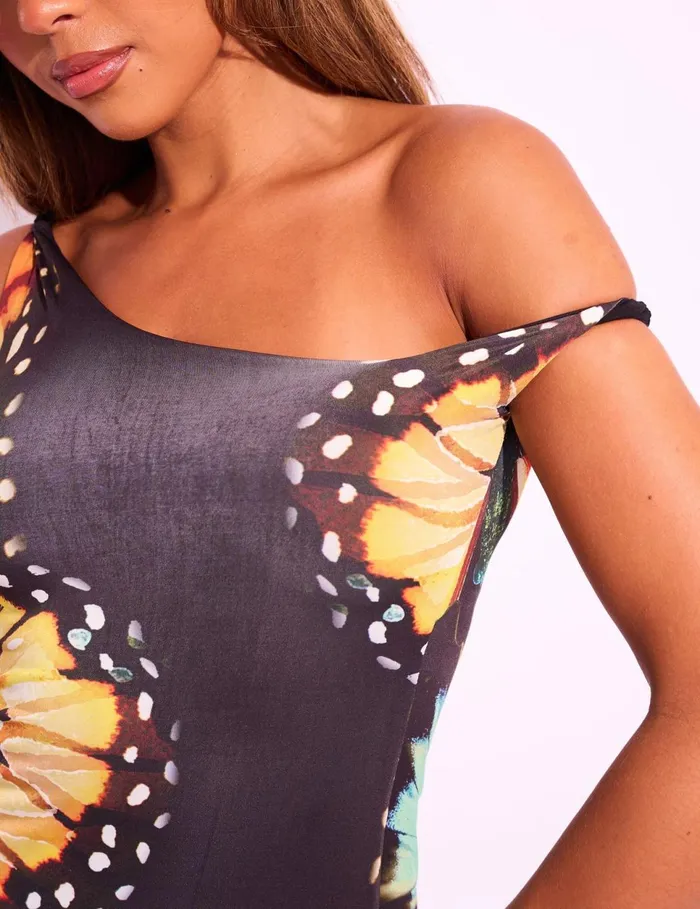Women Slinky Twist Off Shoulder Butterfly Print Maxi Dress Black Black Public Desire Dresses