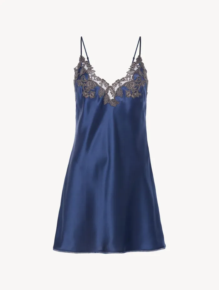 Women Slips and Dresses La Perla Blue Silk Slip Dress With Frastaglio