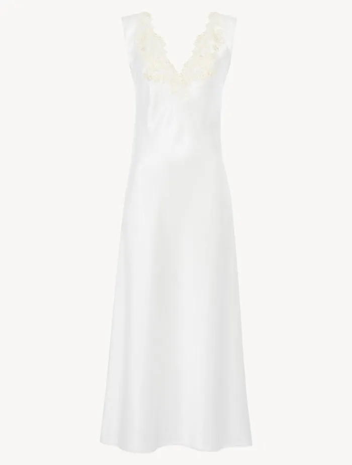 Women Slips and Dresses La Perla White Silk Satin Long Nightgown With Frastaglio