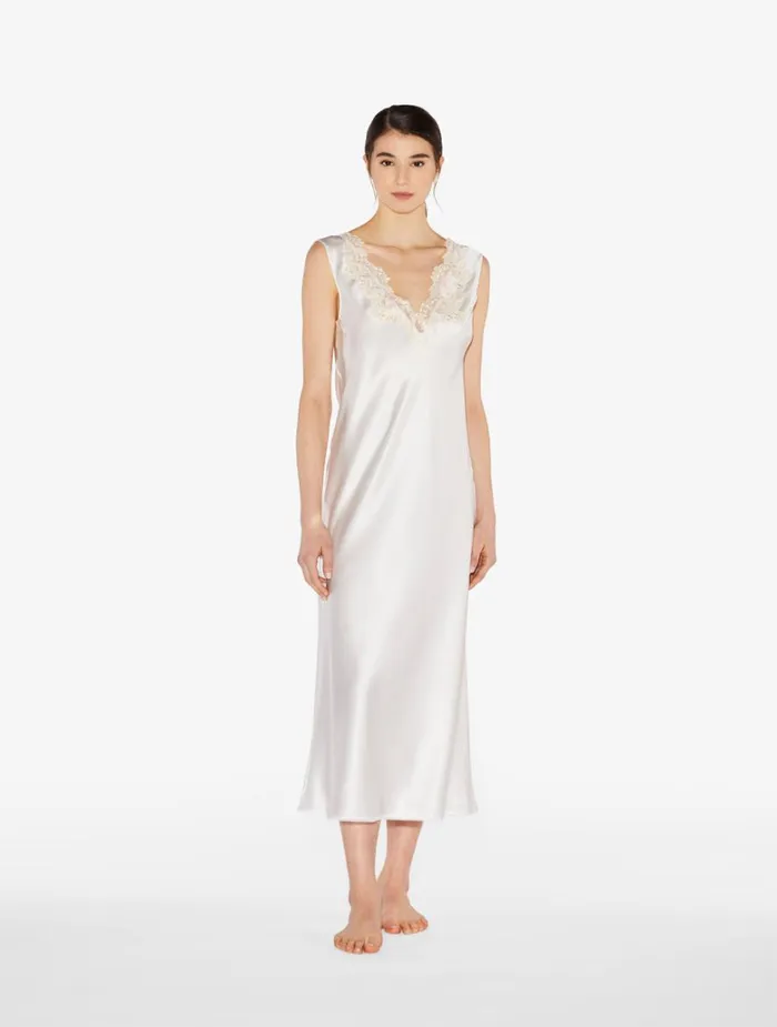 Women Slips and Dresses La Perla White Silk Satin Long Nightgown With Frastaglio