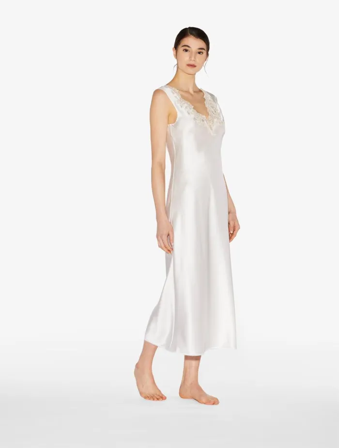 Women Slips and Dresses La Perla White Silk Satin Long Nightgown With Frastaglio