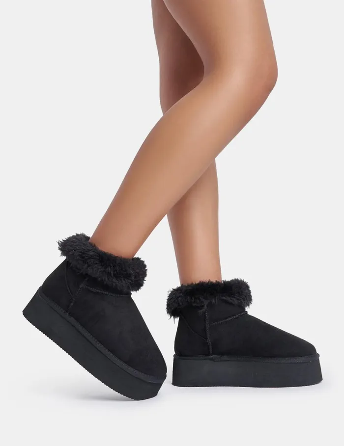 Women Snowdrop Black Fur Ankle Platform Boots Black Public Desire Gifts