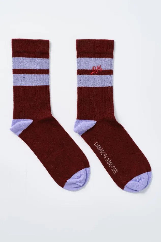 Women Socks Damson Madder Calf Length Socks 8211 Burgundy and Lilac Stripe